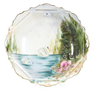 Bowl, Eight-Sided Mold, Swan & Evergreen Scene: Bowl marked R.S. Prussia, Eight-Sided mold; 9.25" Swan & Evergreen scene, satin finish, pink rose highlights; Terry Eichler Estate, Wisconsin