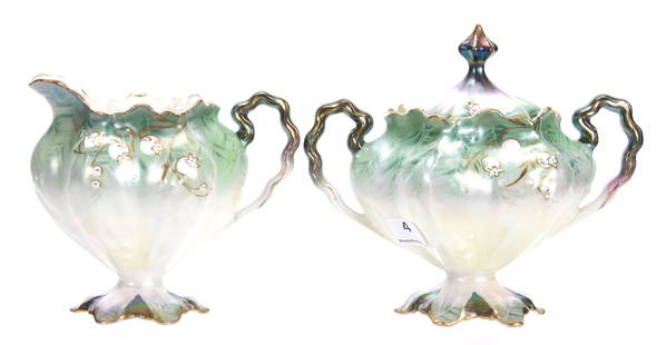 Creamer & Sugar, Marked RSP, Lily of the Valley Scene: Pedestal Creamer & Sugar, marked R.S. Prussia; Lily of the Valley scene, Tiffany satin finish, pine needle background, wonderful Tiffany highlights; Eseline Reynolds Estate, California