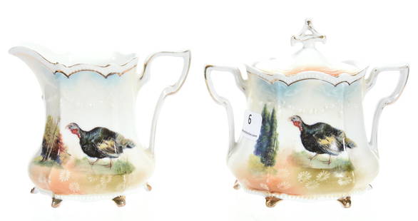 Creamer & Sugar Marked RSP, Swag & Tassel Mold: Creamer & Sugar, marked R.S. Prussia, Swag & Tassel mold; Turkey & Evergreen scene, cream, white, blue & brown tones; professional lid touch up; Eseline Reynolds Estate, California