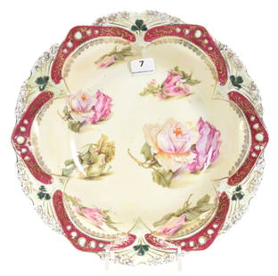 Bowl Marked RSP, Point & Clover Mold: Bowl, marked R.S. Prussia, Point & Clover mold; 9.25" Scattered Floral scene, cream background, red border, opal jewels, gold stencil highlights; Terry Eichler Estate, Wisconsin