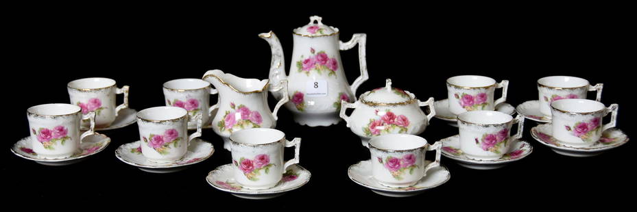 23-Piece Child's Tea Set Marked J.I.F. Paris: 23-Piece Child's Tea Set, marked J.I.F. Paris; Pink Rose scene, white background; Tea Pot; Creamer; Sugar; (5) tall cups & saucers; (5) short cups & saucers; Eseline Reynolds Estate, California