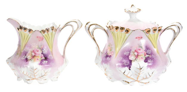 Creamer & Sugar, Unmarked Prussia, Leaf Mold: Creamer & Sugar, unmarked Prussia, Leaf mold; Rose scene, pink, lavender, white & green tones, gold trim highlights; Eseline Reynolds Estate, California