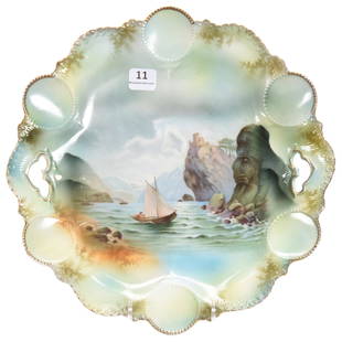 Cake Plate, Marked RSP, Medallion Mold: Cake Plate, marked R.S. Prussia, Medallion mold; 10.25" Old Man in the Mountain scene; Terry Eichler Estate, Wisconsin