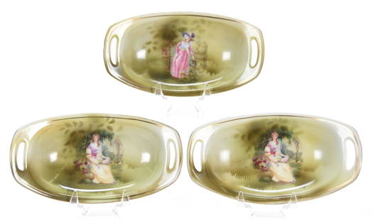 (3) Individual Nut Dishes, Marked RS Germany: (3) Individual Nut Dishes, marked R.S. Germany; 4.75" green tones, (2) Woman Holding Fan beside Spilled Basket; (1) Woman Watering Flowers; Terry Eichler Estate, Wisconsin