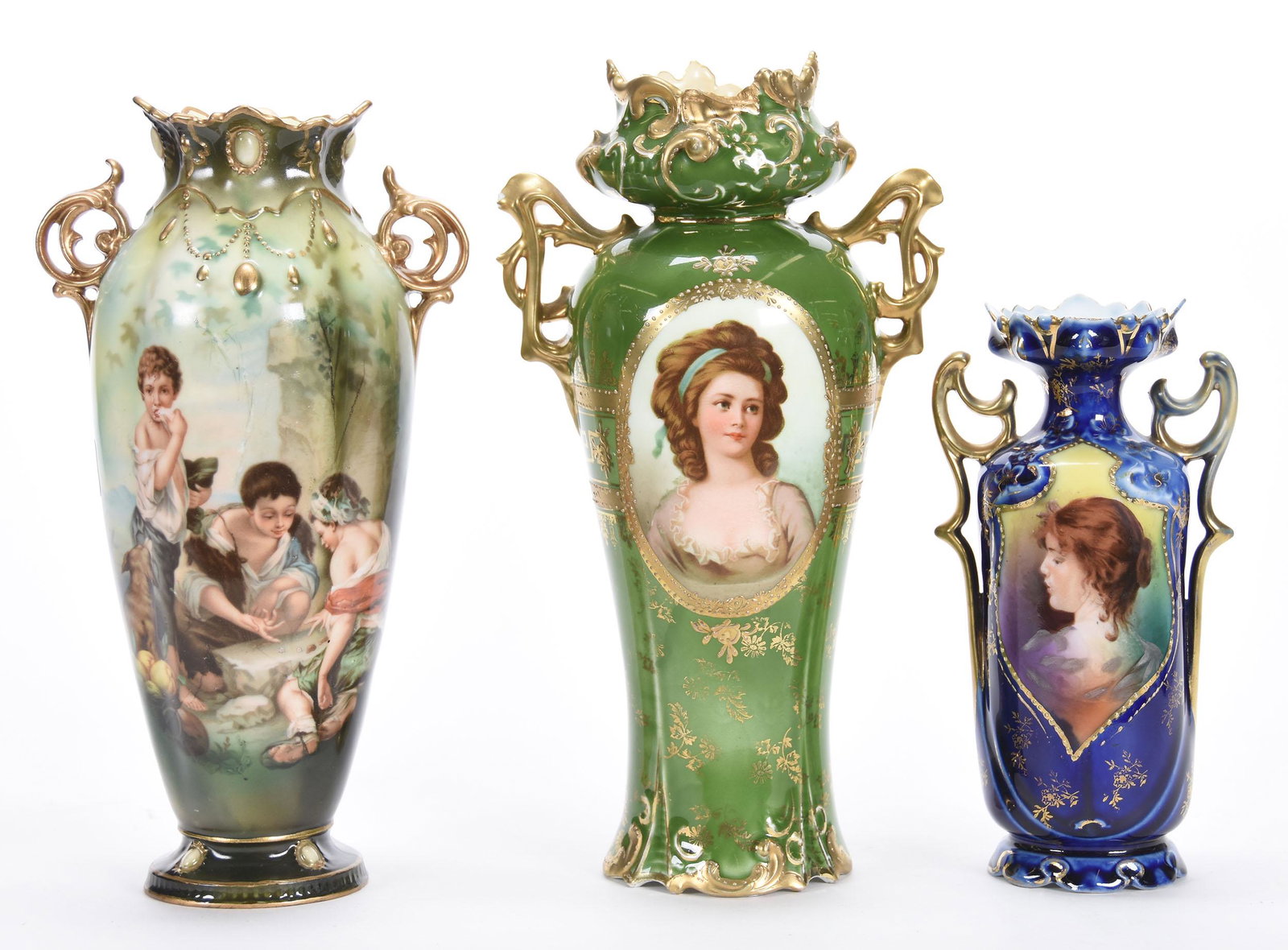 (3) Two Handled Vases, Repaired: (3) Two Handled Vases, repaired; (1) 9.5" Jewel mold, Dice Throwers scene; top rim professionally repaired; (1) 10" marked Royal Vienna, Potocka Portrait, green background, nice gold; sizeable chip on