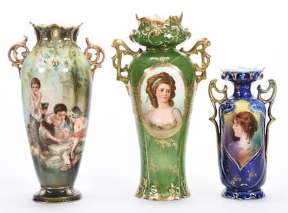 (3) Two Handled Vases, Repaired: (3) Two Handled Vases, repaired; (1) 9.5" Jewel mold, Dice Throwers scene; top rim professionally repaired; (1) 10" marked Royal Vienna, Potocka Portrait, green background, nice gold; sizeable chip