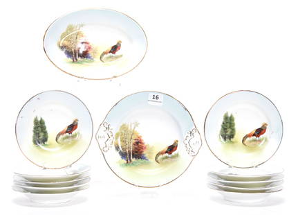 (12) Children's Dishes, Pheasant & Evergreen Scene: (12) Children's Dishes, unmarked Prussia; Pheasant & Evergreen scene; (10) 4.25" Plates; (1) 6" Cake Plate; (1) 6.25" Oval Tray; Eseline Reynolds Estate, California