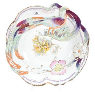 Bowl, Marked Prov Saxe, Hidden Pheasant Mold: Bowl, marked Prov Saxe, Hidden Pheasant mold; White & Yellow Daffodil scene, iridescent raised relief pheasant and flowers; first time Woody Auction has seen this mold; Eseline Reynolds Estate,