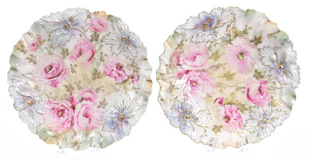 Pair Plates, Marked RSP, Carnation Mold: Pair plates, marked R.S. Prussia, Carnation mold; 8.25" Pink Poppy scene, satin finish; green, cream & lavender tones, gold stencil highlights; Terry Eichler Estate, Wisconsin