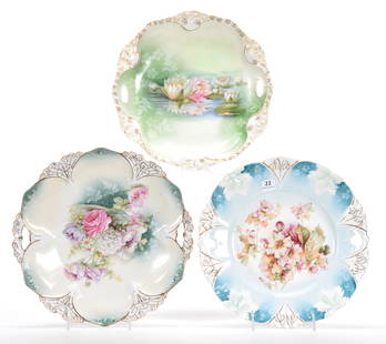 (3) Cake Plates, Marked RSP: (3) Cake Plates, marked; (1) R.S. Prussia, Water Lily scene; (1) R.S. Prussia, Glass Bowl scene; (1) marked Wheelock, Wildflower scene; Eseline Reynolds Estate, California