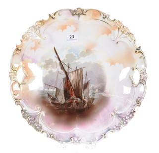 Cake Plate, Marked RSP, Mold 404, Schooner Scene: Cake Plate, marked R.S. Prussia, mold 404, 11" Schooner Scene, luster finish, white, orange & pink background tones; Terry Eichler Estate, Wisconsin