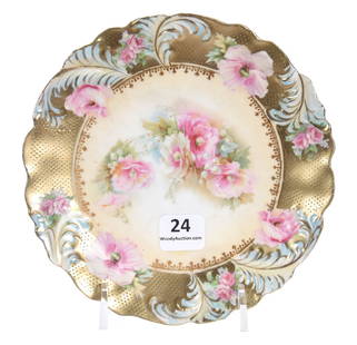 Plate, Marked RSP, Plume Mold: Plate, marked R.S. Prussia, Plume mold; 6" Pink Floral scene, cream center, gold tapestry border; Eseline Reynolds Estate, California