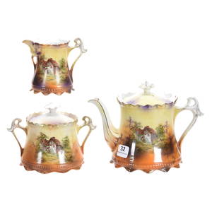 3-Piece Tea Set, Marked RSP, Mold 576, Mill Scene