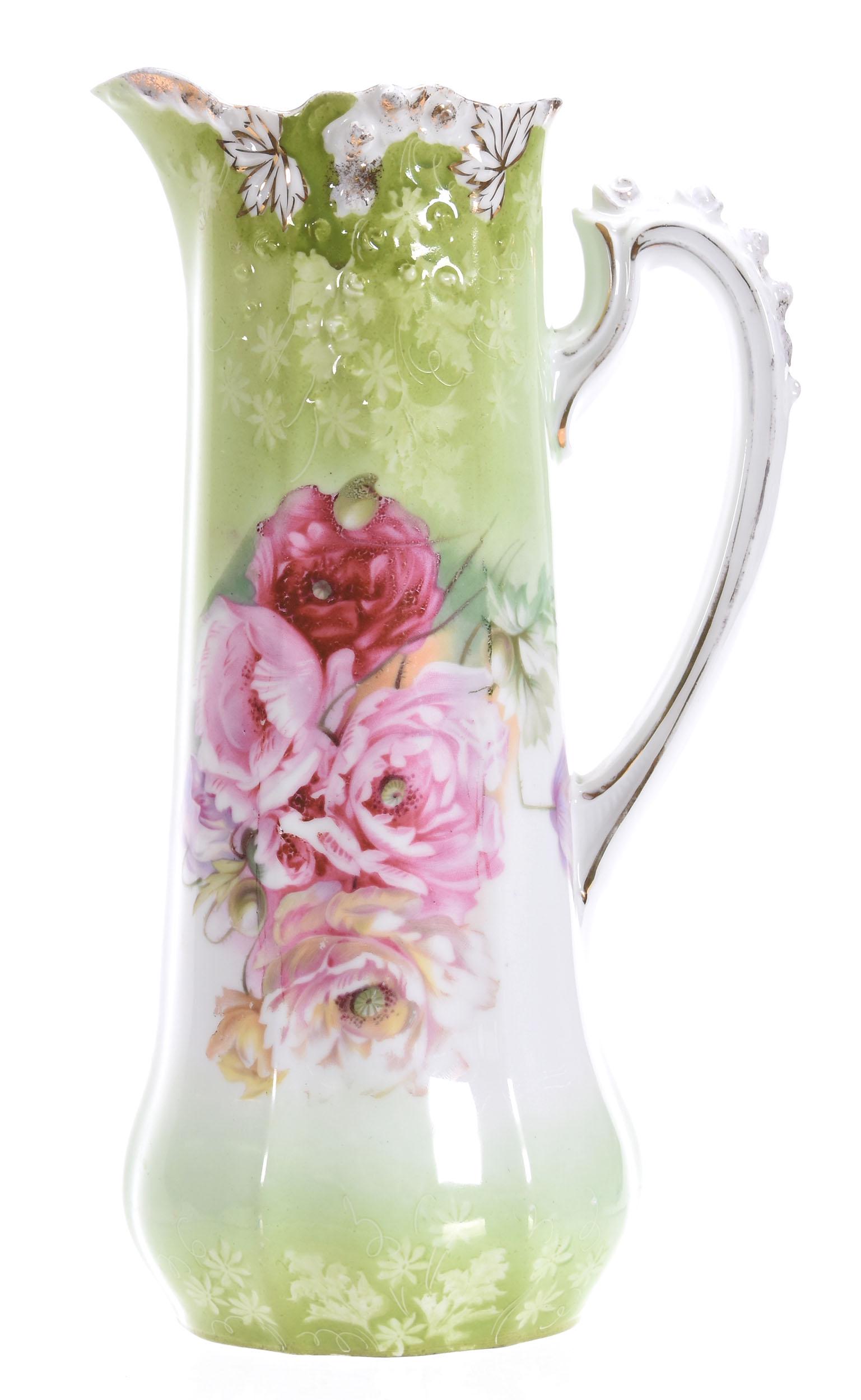Tankard, Marked RSP, Rosebud Mold, Poppy Scene: Tankard, marked R.S. Prussia, Rosebud mold, 11.5" Pink Poppy scene, green & white tones; Eseline Reynolds Estate, California