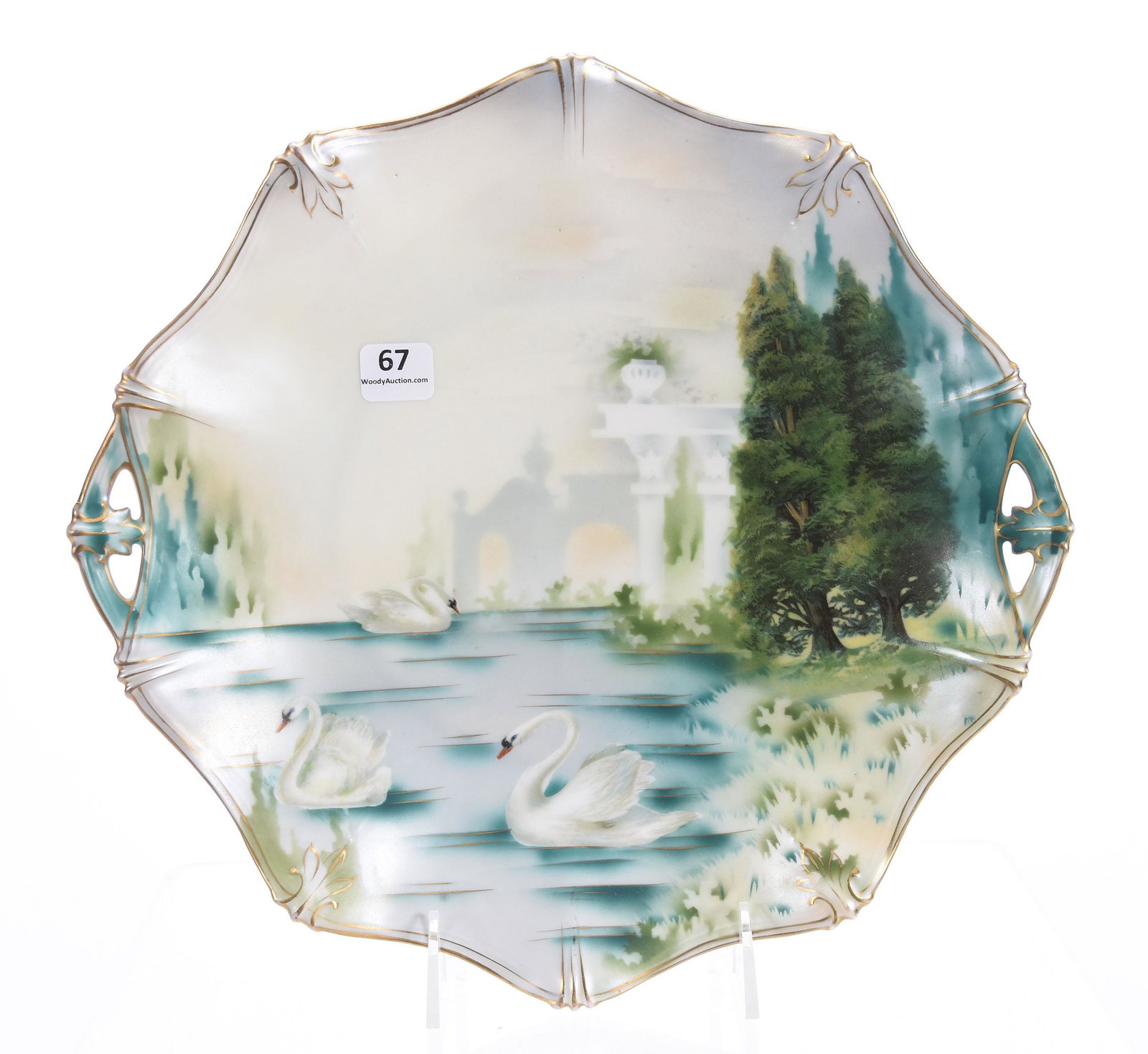 Cake Plate, Marked RSP, Mold 151, Swan & Columns Scene: Cake Plate, marked R.S. Prussia, mold 151; 11.75" Swan & Columns scene, satin finish; glaze nick on backside of one point; Terry Eichler Estate, Wisconsin