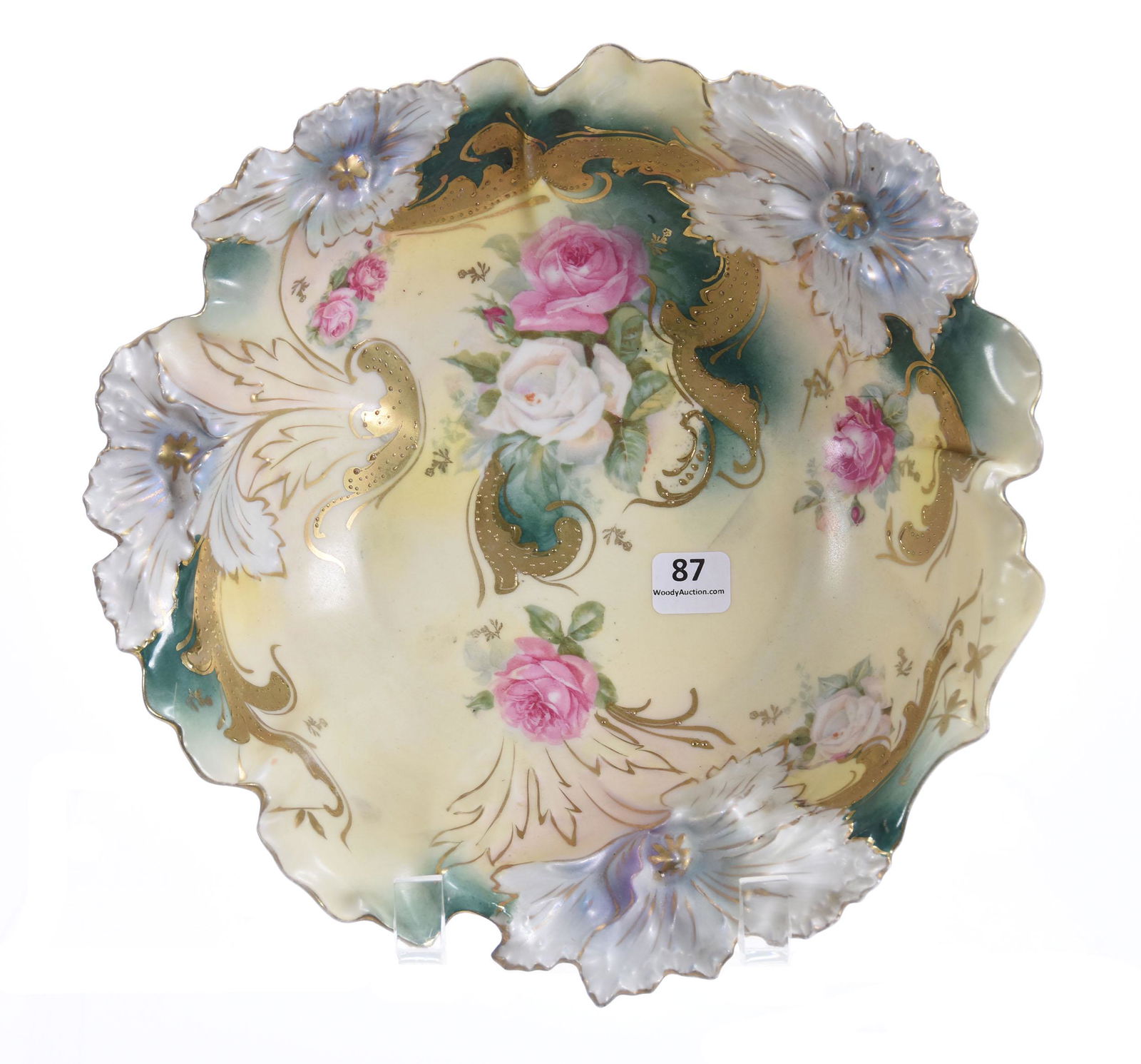 Bowl Marked RSP, Carnation Mold, Floral Scene: Bowl, marked R.S. Prussia, Carnation mold; 10.25" Pink & White Rose scene, yellow & green tones, gold stencil, tapestry highlights, satin finish carnations; Terry Eichler Estate, Wisconsin
