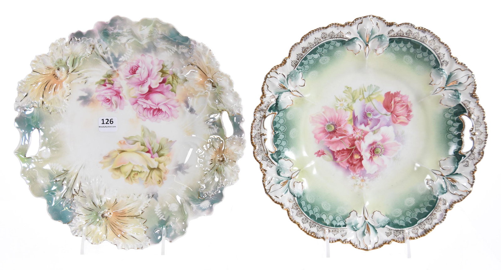 (2) Cake Plates, Marked RSP, Floral Scenes: (2) Cake Plates, marked R.S. Prussia; (1) 11" Iris mold, Pink Poppy scene, green tones, white & gold stencil border; (1) 10.75" Carnation mold, pink & yellow rose, luster finish, green tones; Terry Ei