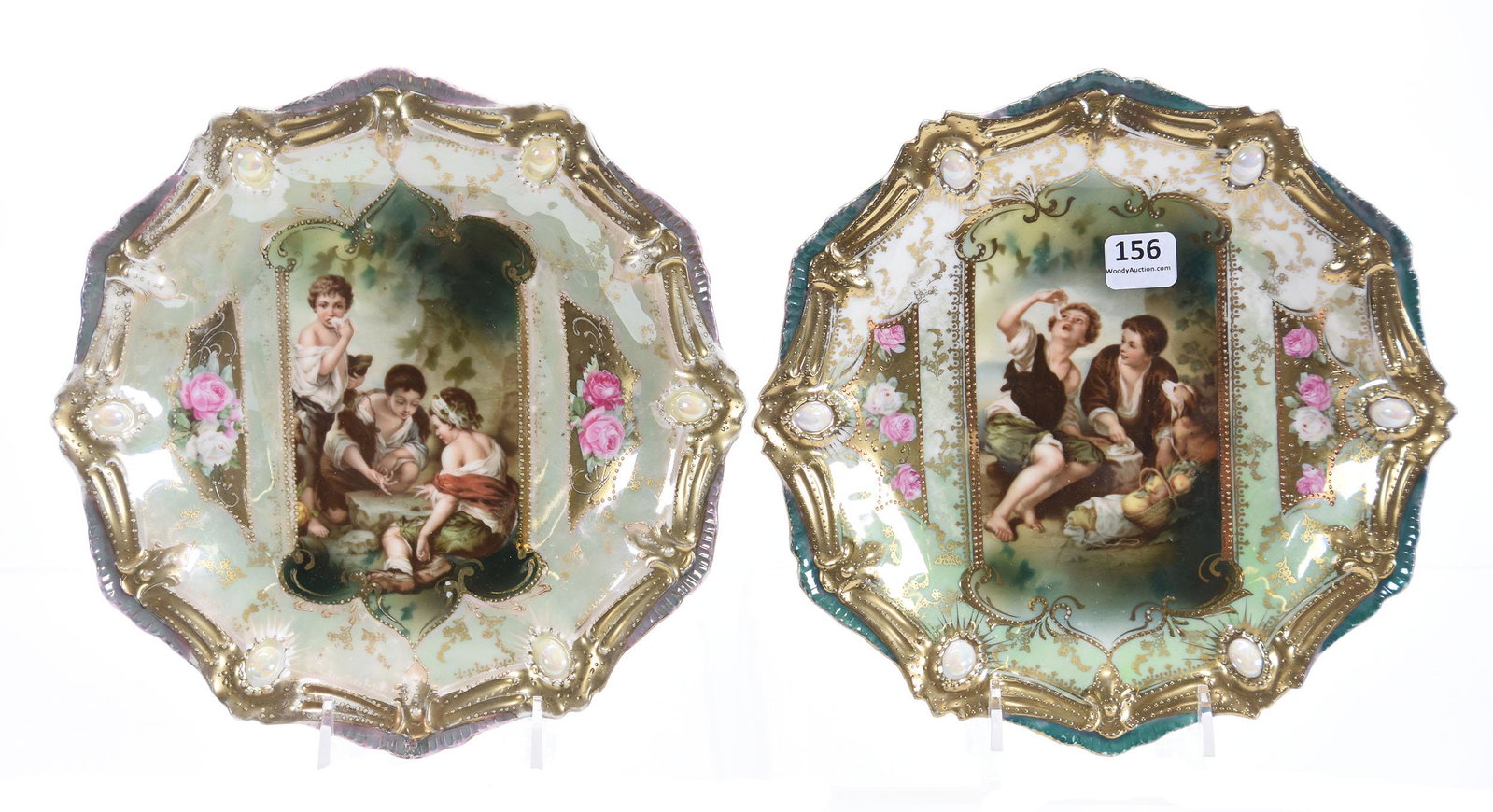 (2) Plates, Marked RSP, Ribbon & Jewel Mold: (2) Plates, marked R.S. Prussia, (1) Ribbon & Jewel mold; 8.5" Dice Throwers scene, gold trim, opal jewels; light fading on green background; (1) Ribbon & Jewel mold; 8.5" Melon Eater scene, nice gold