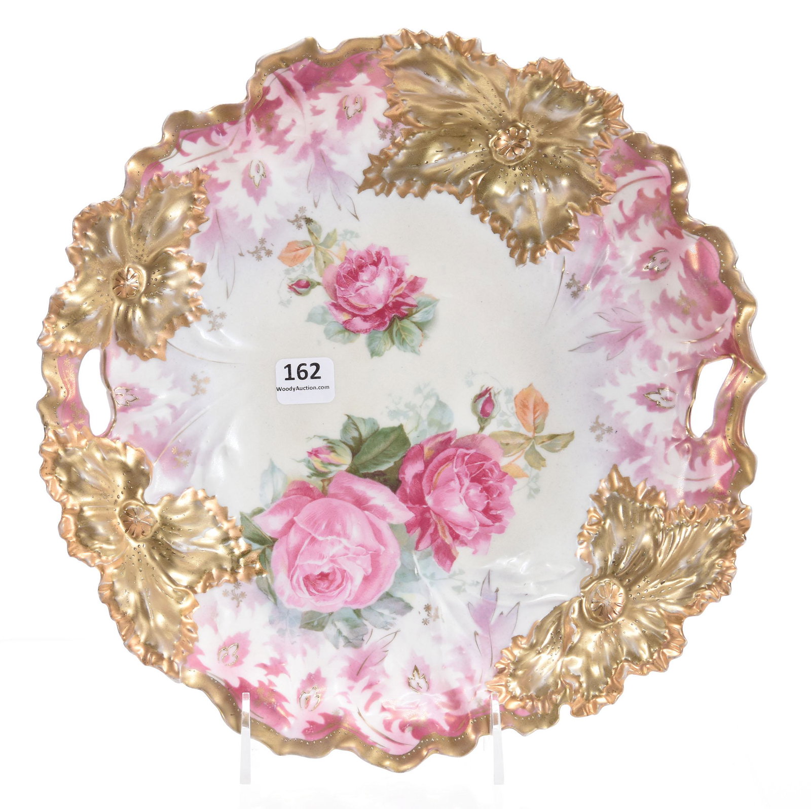 Cake Plate, Marked RSP, Carnation Mold: Cake Plate, marked R.S. Prussia, Carnation mold, 10.75" Pink Rose scene, satin finish, tri-color gold, white & pink; Terry Eichler Estate, Wisconsin