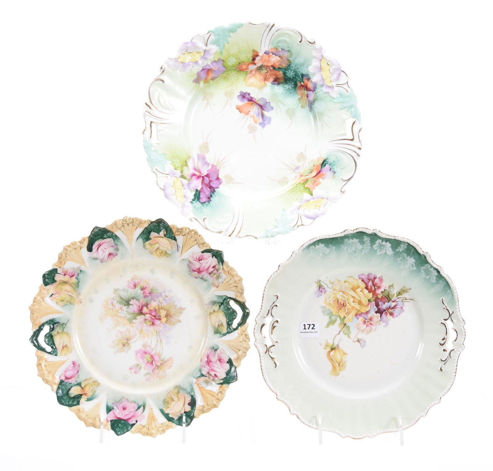 (3) Cake Plates, Unmarked Prussia, Floral Scenes: (3) Cake Plates, unmarked Prussia; (1) 10.5" Poppy mold variation, Floral scene, cream & green, gold highlights; (1) 10" Sawtooth mold, Floral scene, cream & green, gold highlights; (1) 9.5" Floral sc