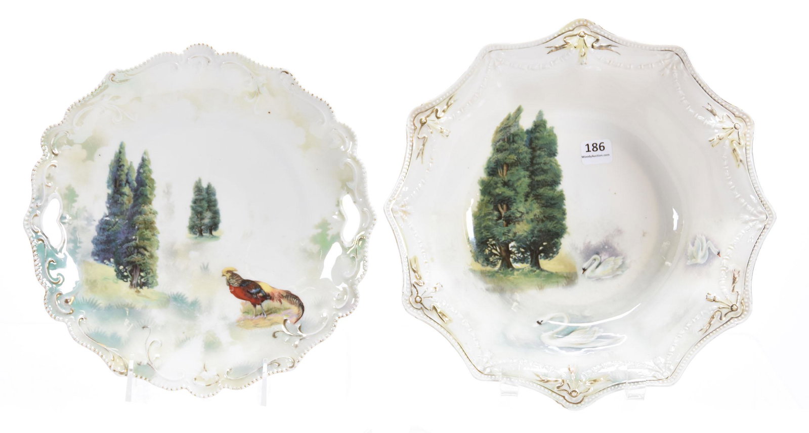 (2) Assorted Items, Marked RSP, Evergreen Scenes: (2) Assorted Items; (1) Bowl, marked R.S. Prussia, mold 155; 10.75" Swan & Evergreen scene, luster finish, white background, gold highlights; (1) Cake Plate, marked R.S. Prussia, mold 304; 9.75" Pheas