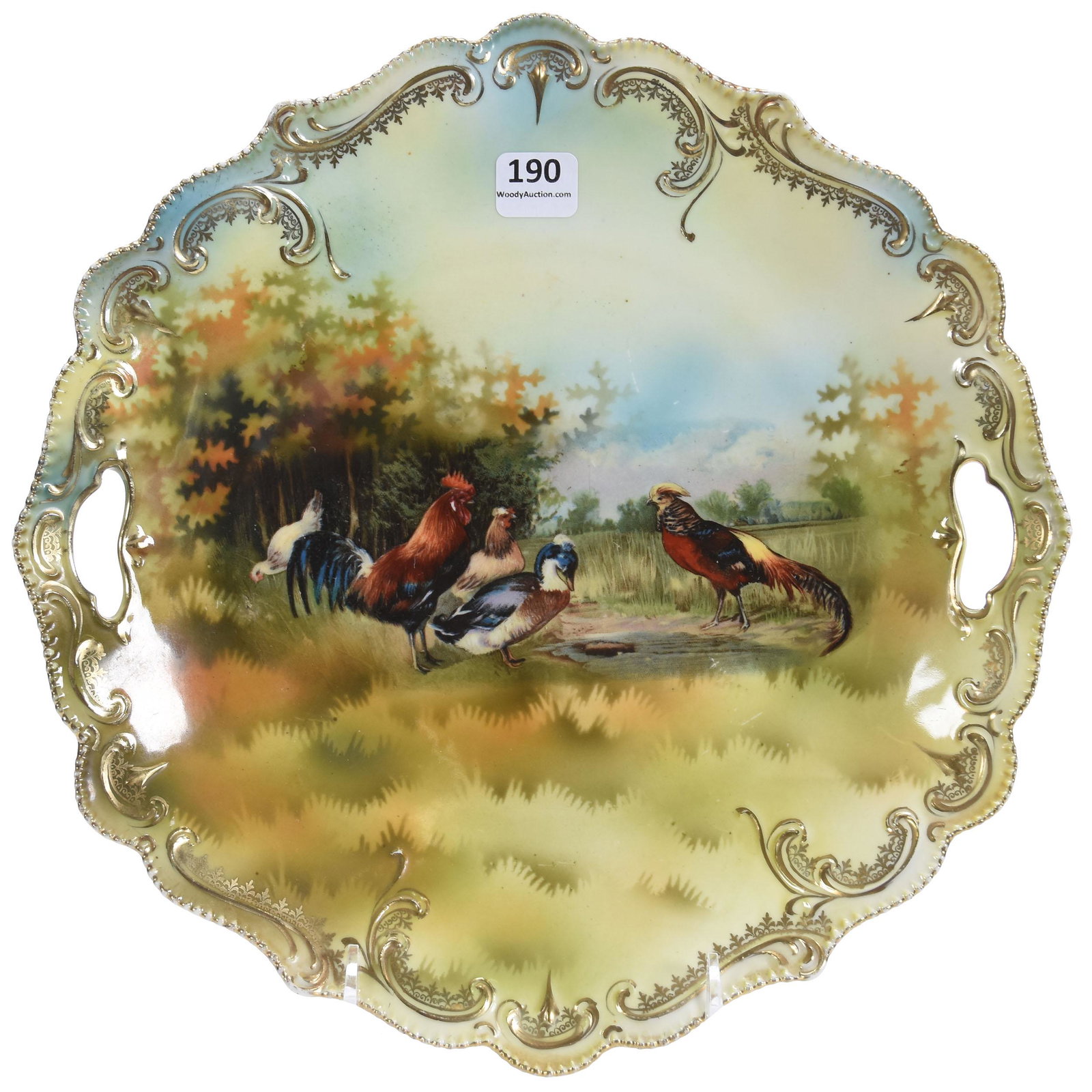 Cake Plate, Marked RSP, Mold 304, Double Scene: Cake Plate, marked R.S. Prussia, mold 304, 11" double scene; Barnyard & Pheasant scenes, nice gold stencil highlights; Terry Eichler Estate, Wisconsin