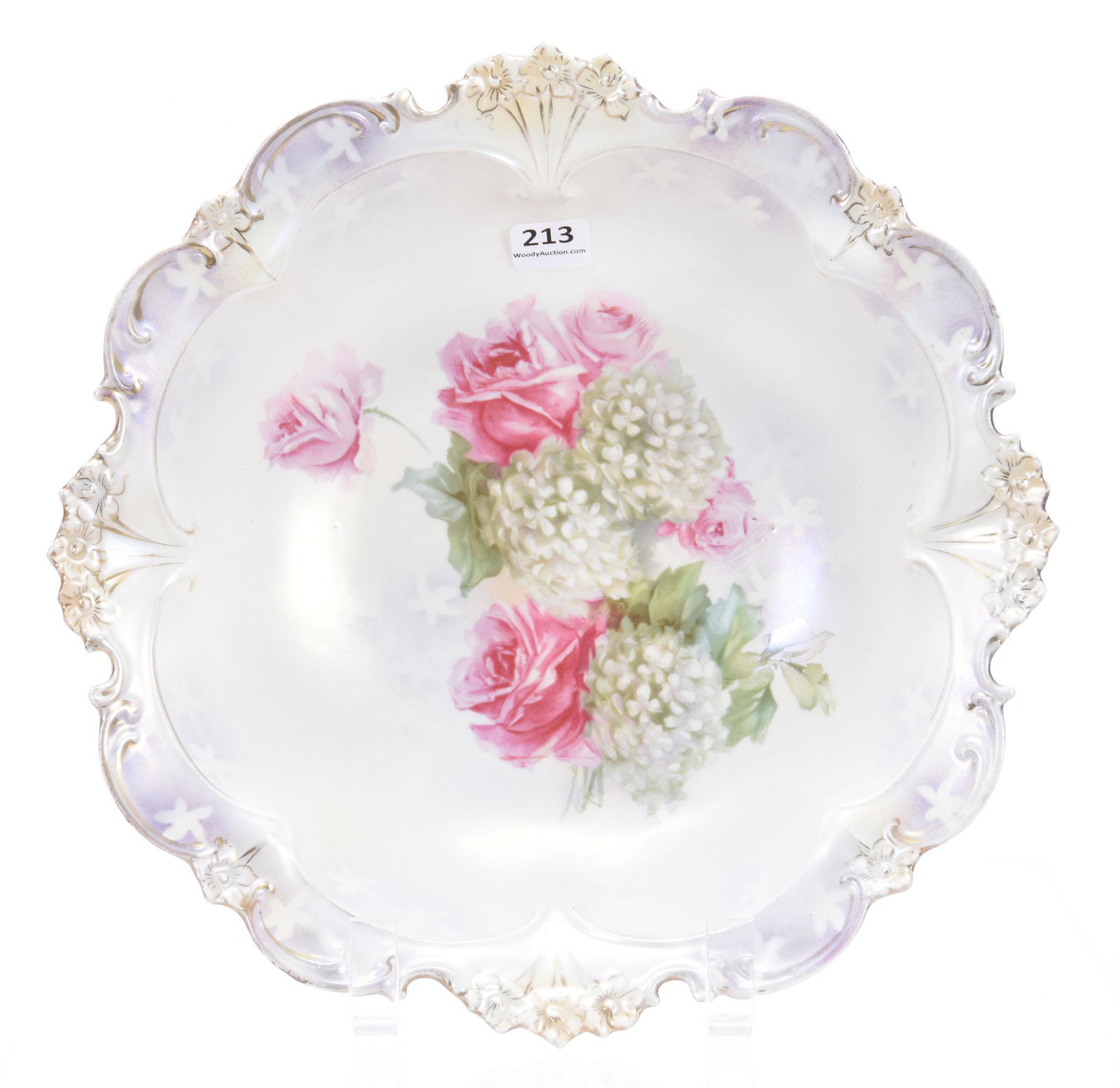 Bowl, Marked RSP, Snowball & Rose Scene: Bowl, marked R.S. Prussia; 10.75" Snowball & Rose scene, satin finish, white & lavender tones; Terry Eichler Estate, Wisconsin