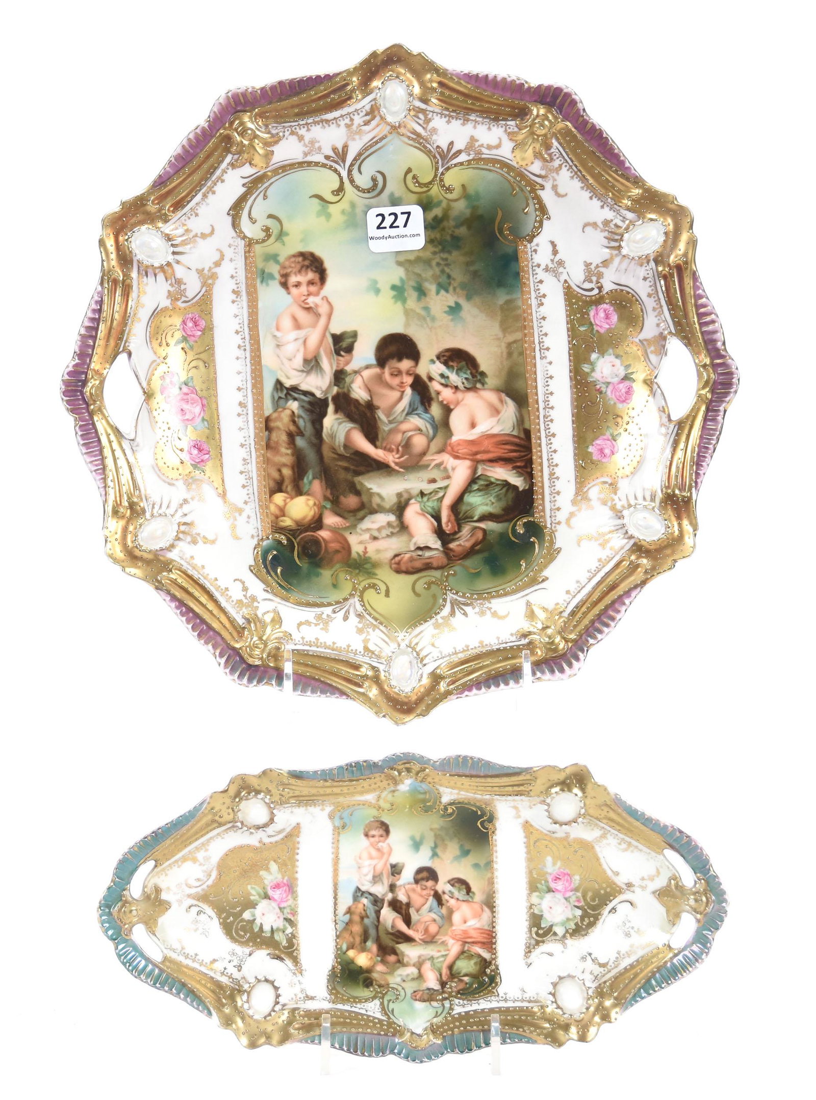 (2) Assorted Items, Marked RSP, Ribbon & Jewel Mold: (2) Assorted Items; (1) Cake Plate, marked R.S. Prussia, Ribbon & Jewel mold; 10.5" Dice Throwers scene, gold highlights, opal jewels; has background fading (1) Relish Tray, marked R.S. Prussia, Ribbo