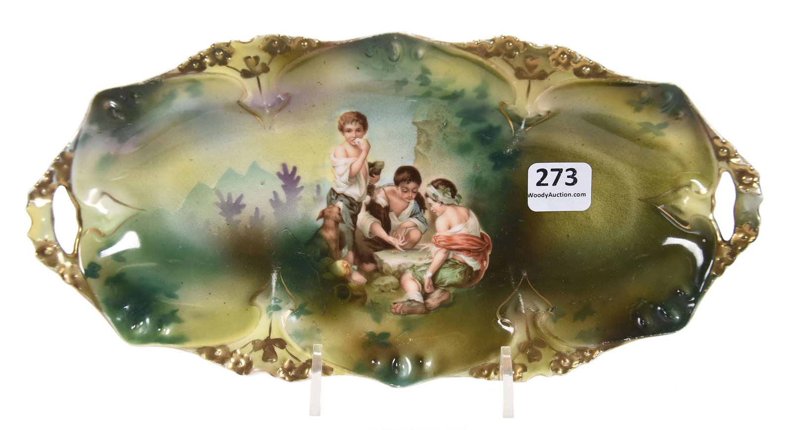 Relish Tray, Marked RSP, Mold 82, Dice Throwers Scene: Relish Tray, marked R.S. Prussia, mold 82; 9.5" Dice Throwers scene, green background, gold trim; Terry Eichler Estate, Wisconsin