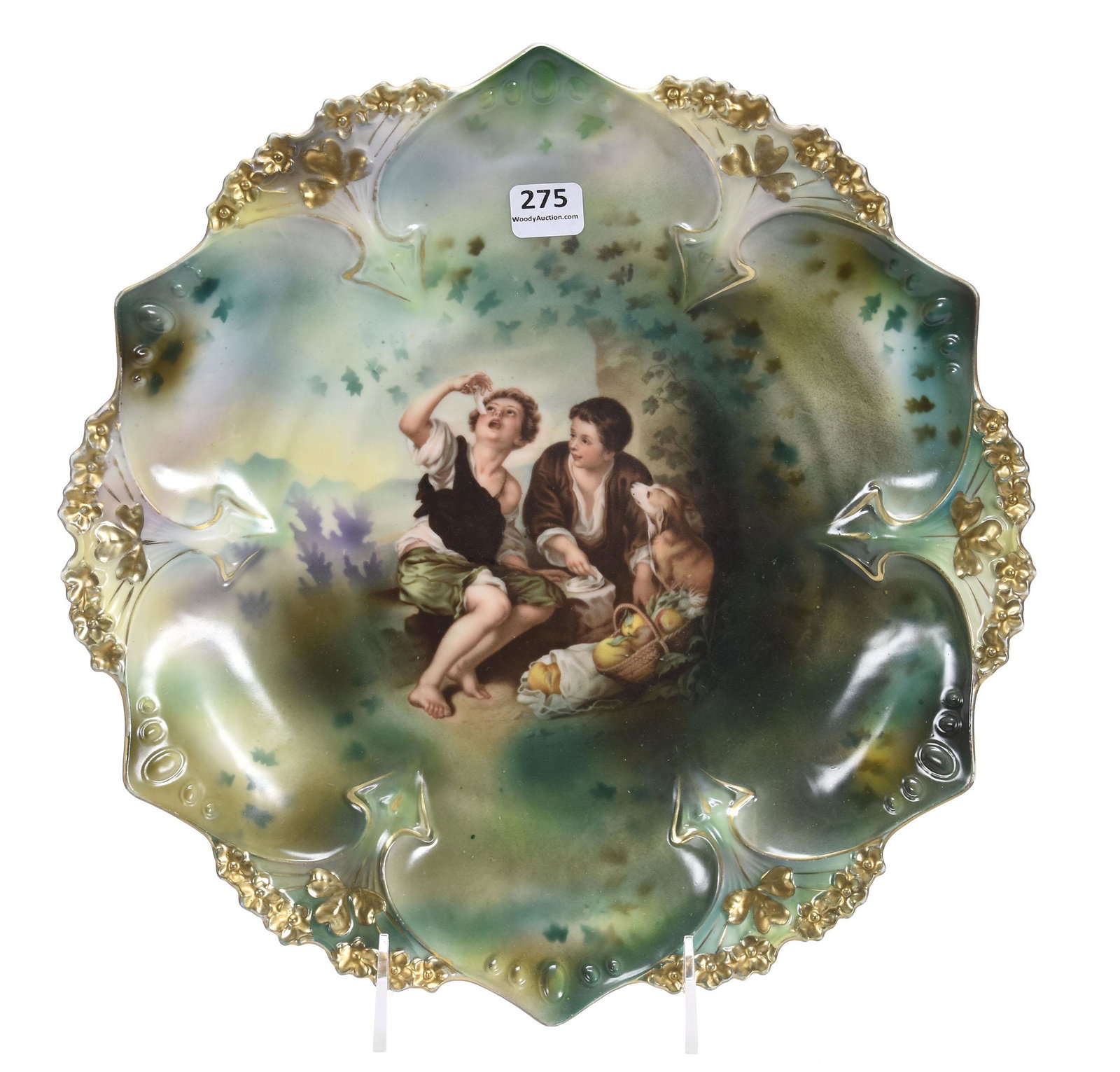 Plate, Marked RSP, Mold 82, Melon Eater Scene: Plate, marked R.S. Prussia, mold 82; 11.75" Melon Eater scene, green background, gold trim; Terry Eichler Estate, Wisconsin