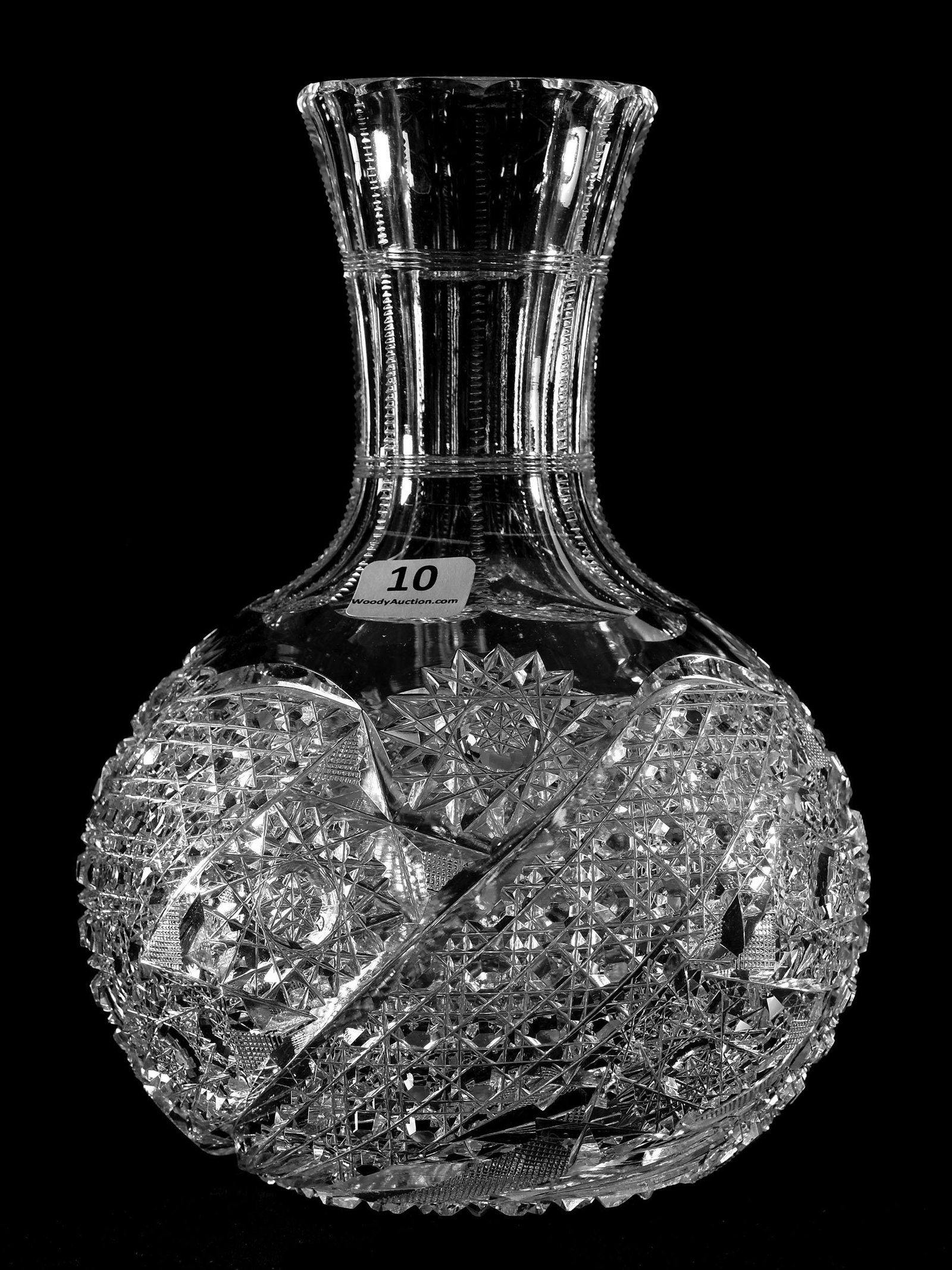 Water Carafe, Modified Comet Pattern: Water Carafe, Modified Comet Pattern, ABCG; 8.25" Unknown Cutter, Hobstar base, hobstar, strawberry diamond & cane motif; nice quality; Rosemary Estes Estate, Washington