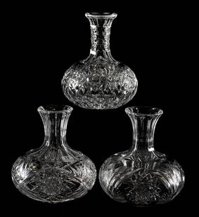 (3) Water Carafes, Various: (3) Water Carafes, Various, ABCG; (1) 7.5" Signed Hawkes, Florence Pattern; (1) 7.25", hobstar, prism & fan motif; (1) 7.25", hobstar & fan motif; Sam & Becky Story Estate, Missouri