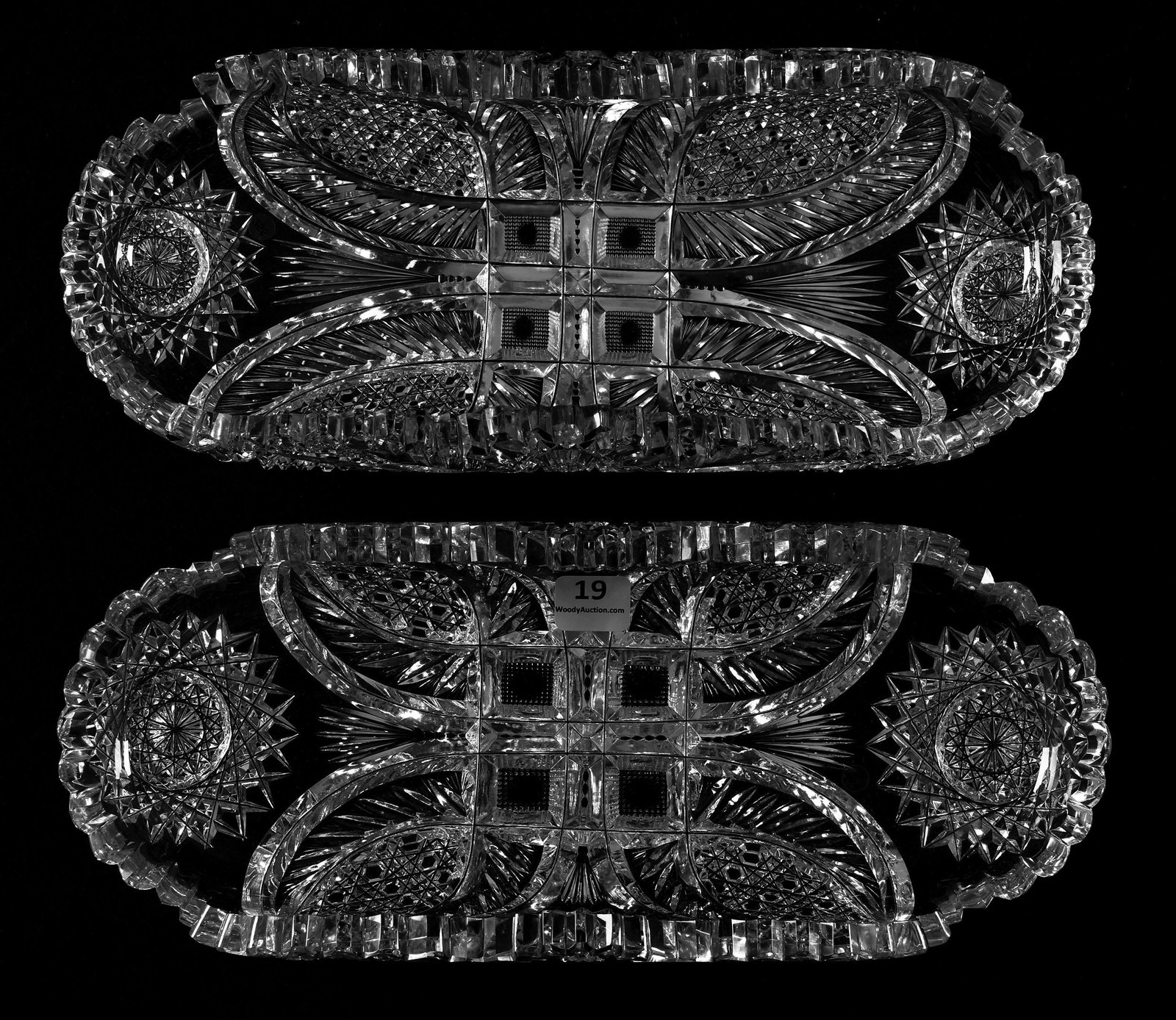 (2) Celery Trays, Pinetree Pattern: (2) Celery Trays, Pinetree Pattern, ABCG; 11.75" pattern description as described by Pearson Vol. I, pg.151; clear blanks; Sam & Becky Story Estate, Missouri
