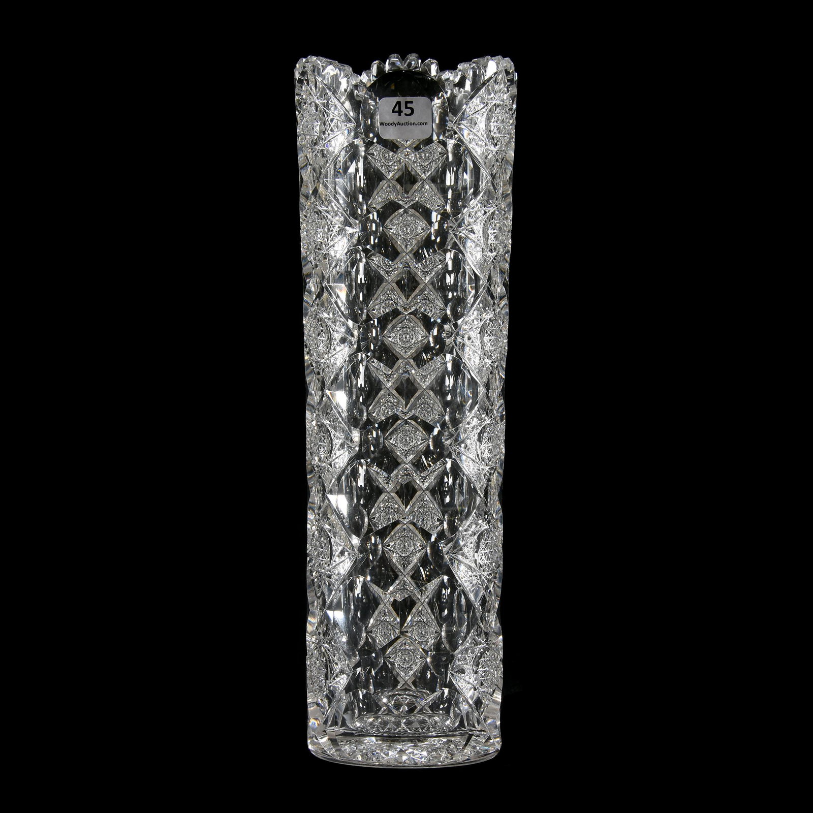 Cylinder Vase, Signed Hawkes, Queens Pattern: Cylinder Vase, Signed Hawkes, Queens Pattern, ABCG; 12" x 3.75" Hobstar base, fantastic blank; Sam & Becky Story Estate, Missouri