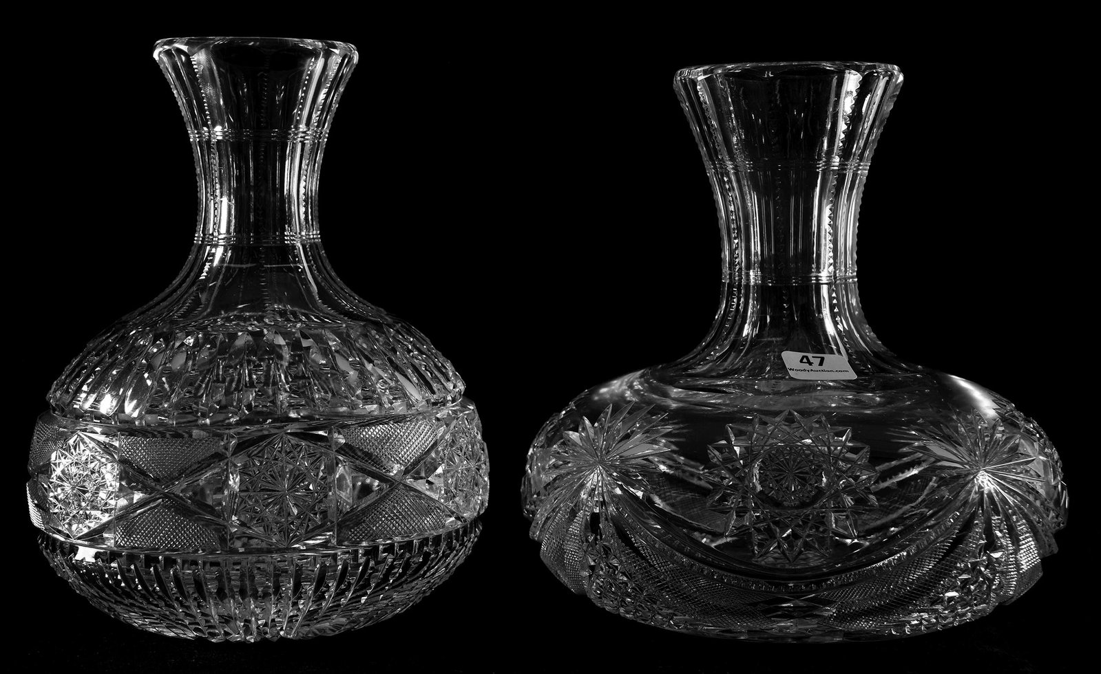 (2) Water Carafes: (2) Water Carafes, ABCG; (1) 7.75", hobstar, prism & strawberry diamond motif; (1) 7.5" Drape Pattern by Straus (aka Richmond); Sam & Becky Story Estate, Missouri