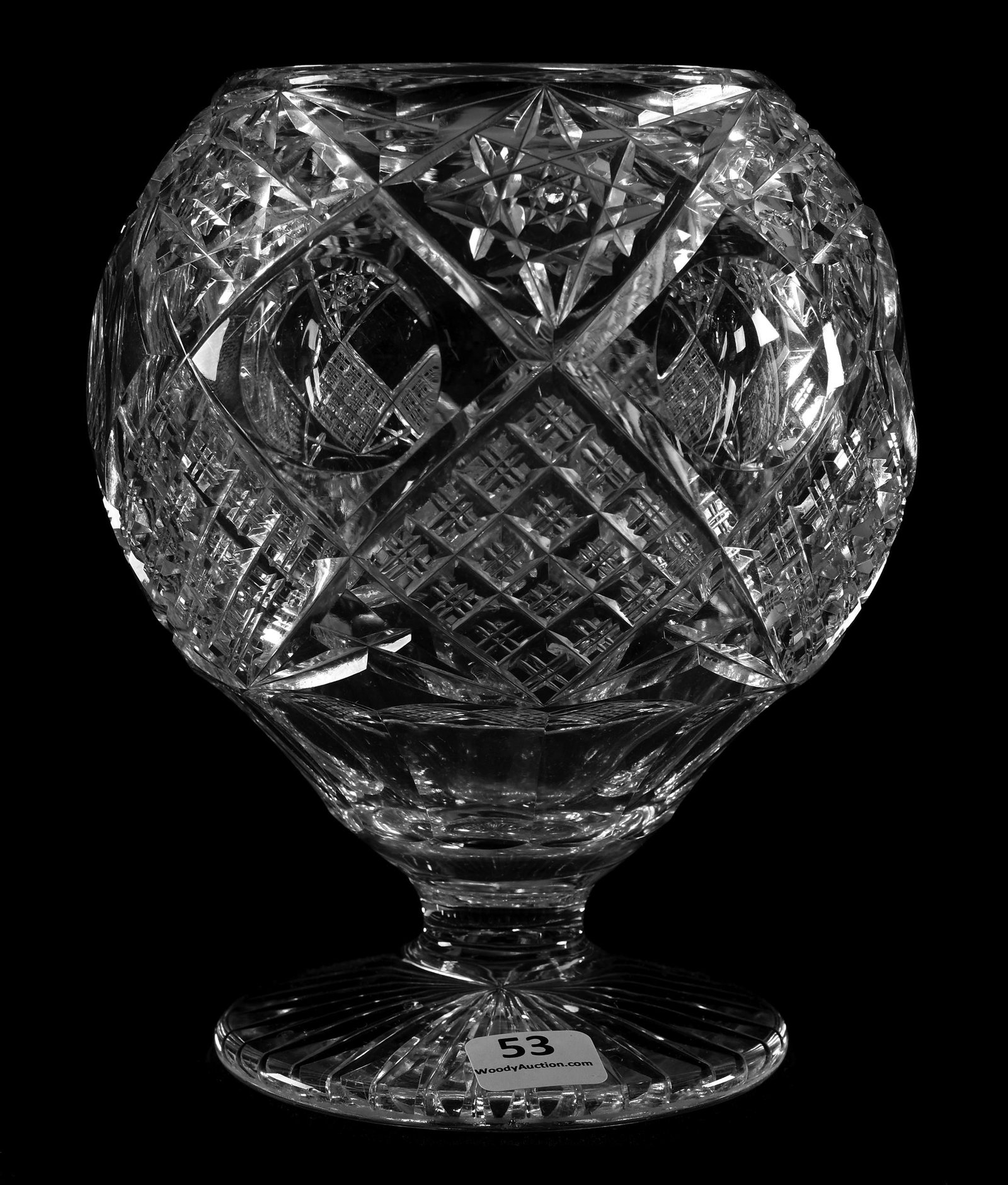 Pedestal Rose Bowl, Signed Hawkes: Pedestal Rose Bowl, Signed Hawkes, ABCG; 7" x 5.5" Hobstar, bullseye & crosscut diamond motif, ray foot; Sam & Becky Story Estate, Missouri