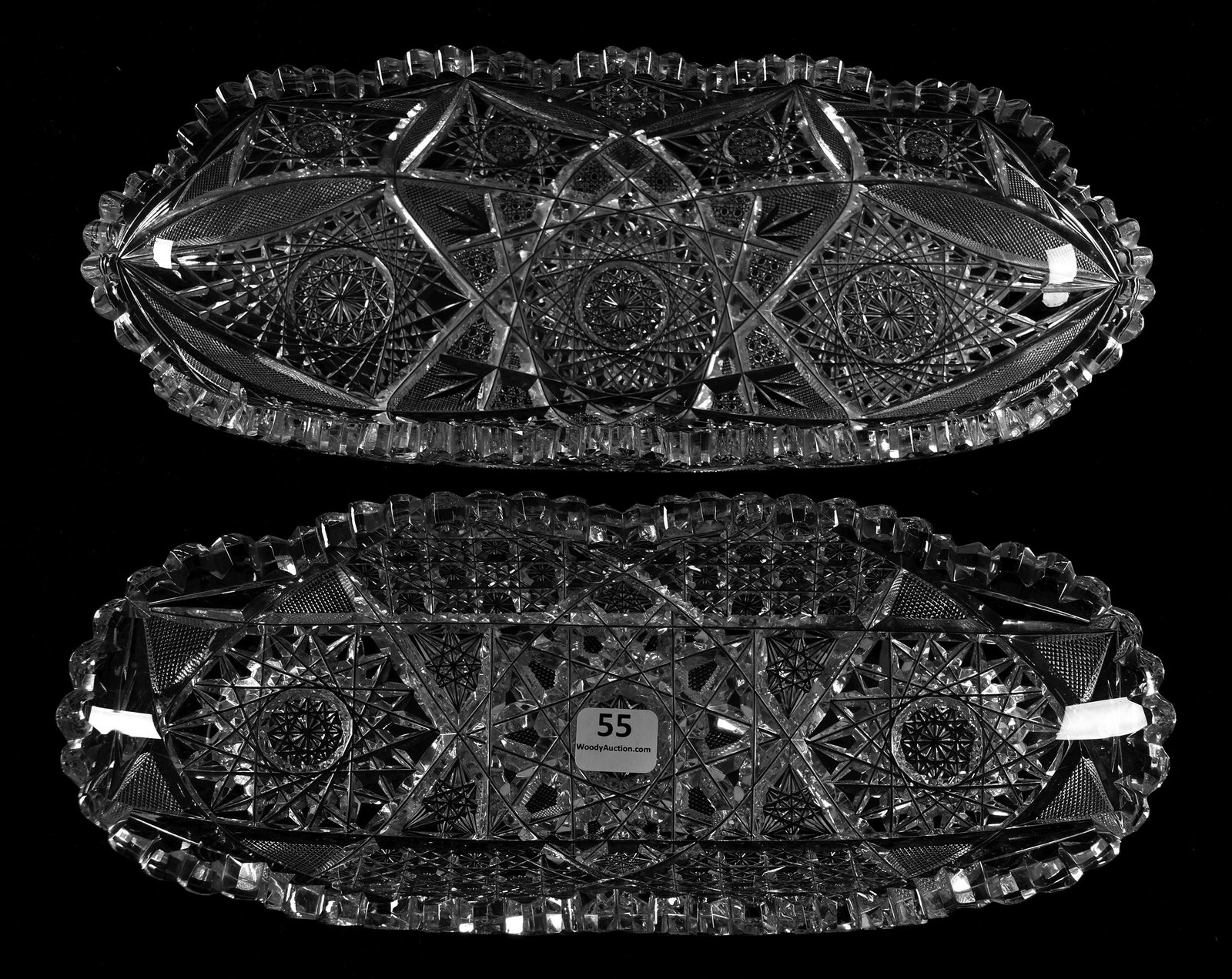 (2) Celery Trays: (2) Celery Trays, ABCG; 11.5" (1) Pattern #100 by Elmira; (1) Hobstar, cane & strawberry diamond motif; clear blanks; Well cut; Sam & Becky Story Estate, Missouri