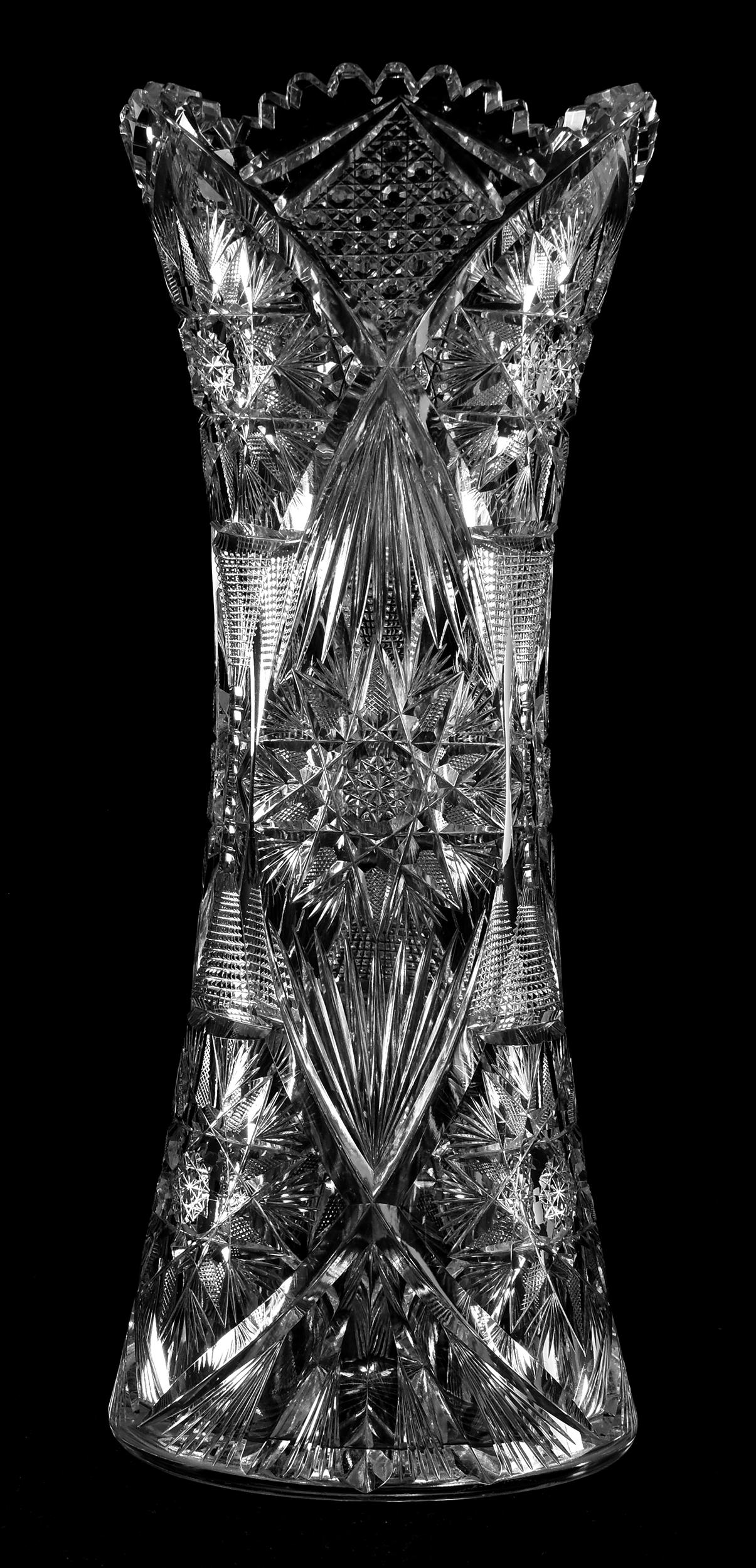 Corset Shaped Vase, Attributed to Meriden: Corset Shaped Vase, Attributed to Meriden, ABCG; 14" Flashed hobstar, vesica, notched fan, cane & fan motif, ray base, clear blank; roughness to one interior tooth; Sam & Becky Story Estate, Missouri