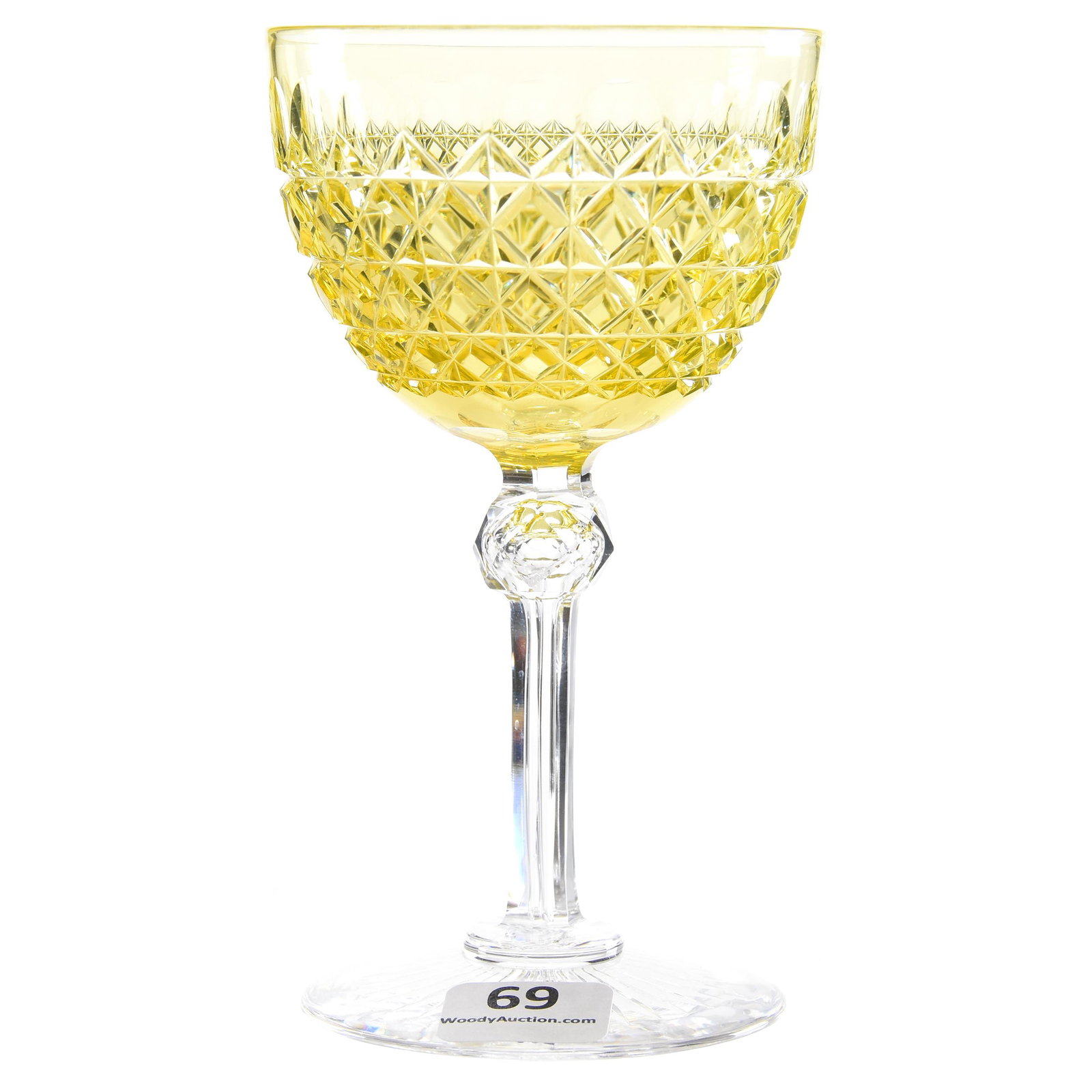 Wine Glass: Wine Glass, BPCG; 5.25" Solid Canary Yellow Bowl, Diamond motif, punty highlights; faceted cut knob, hollow stem; ray foot; Sam & Becky Story Estate, Missouri