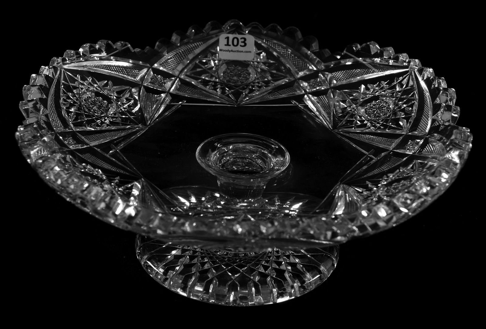 Cake Stand, Creswick Pattern by Egginton: Cake Stand, Creswick Pattern by Egginton, ABCG; 3.75" X 10" Pedestaled, heavy blank, hobstar foot; nice quality; Sam & Becky Story Estate, Missouri