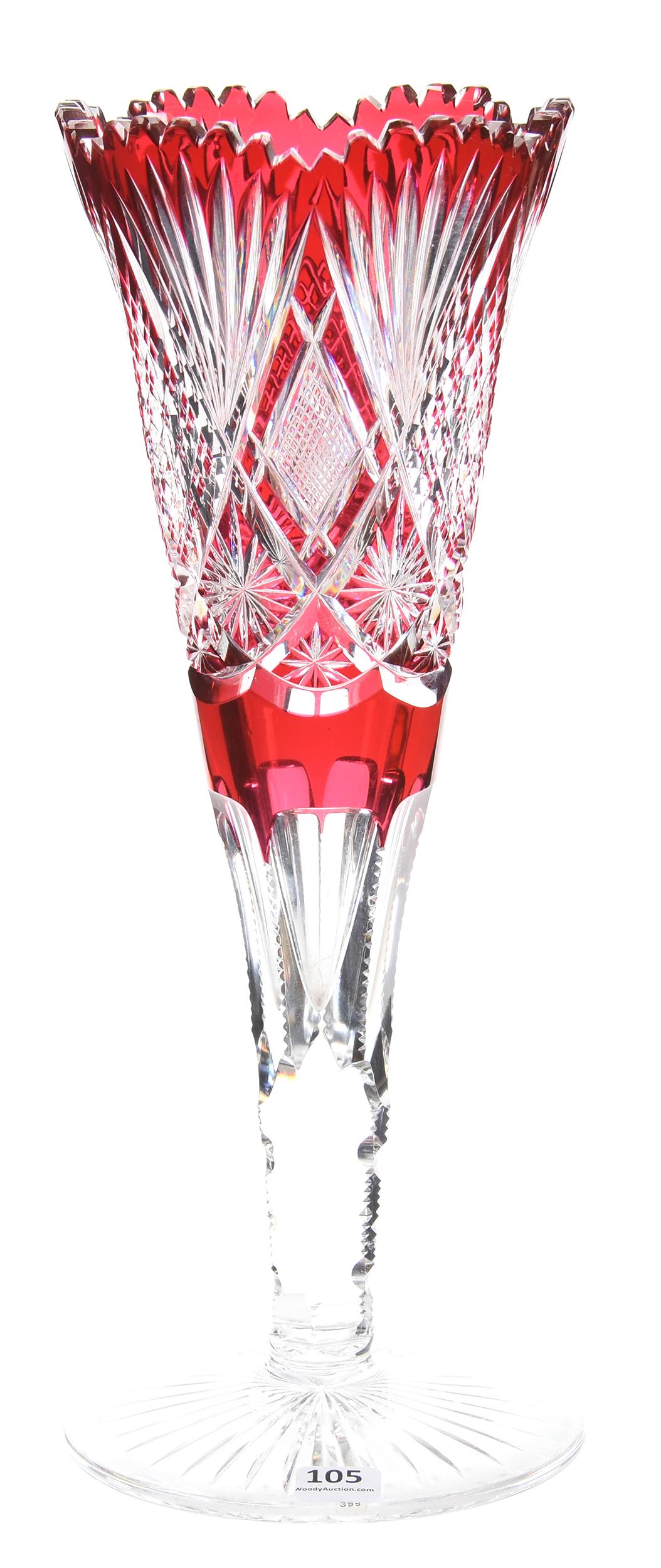 Vase, Design 2900/17 by Val St. Lambert: Vase, Design 2900/17 by Val St. Lambert, BPCG; 14" Cranberry cut to clear, ray foot; nice color; Sam & Becky Story Estate, Missouri