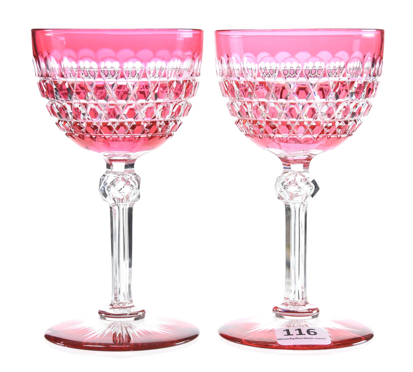 Pair Wine Glasses, Hob Diamond & Oval Pattern: Pair Wine Glasses, Hob Diamond & Oval Pattern, ABCG; 5.25" Cranberry cut to clear, faceted cut knob, colored ray foot; attributed to Dorflinger; Sam & Becky Story Estate, Missouri