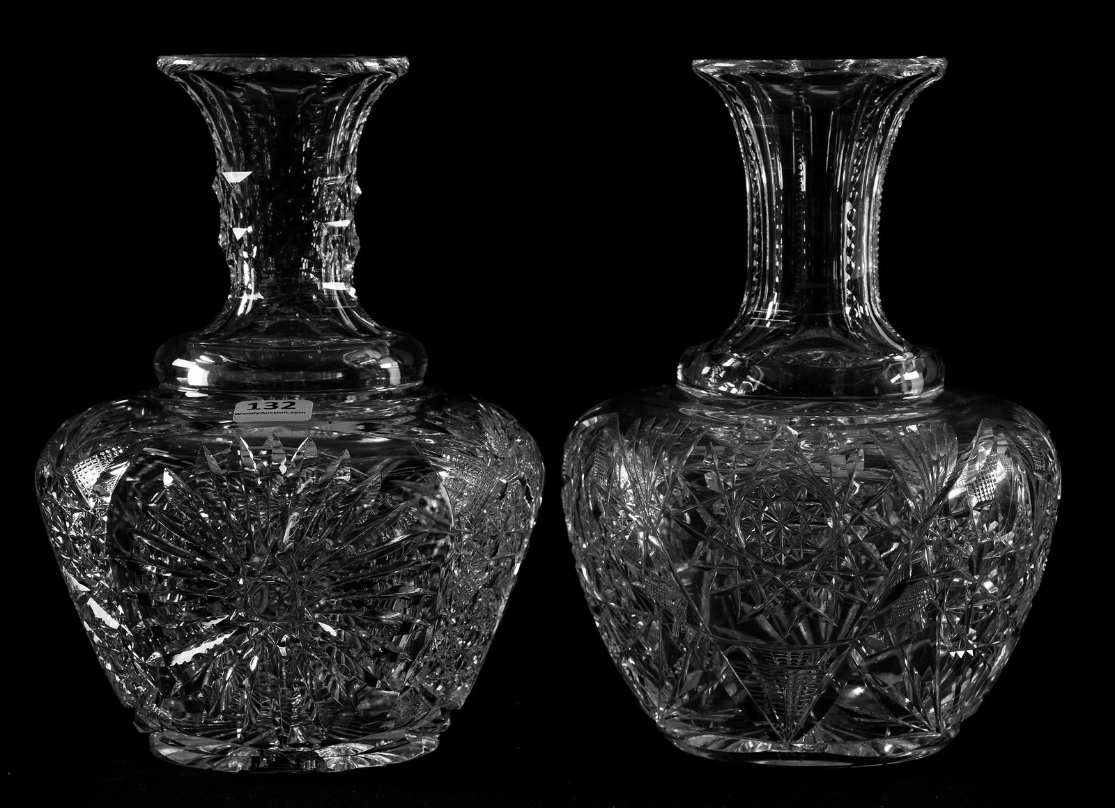 (2) Water Carafes, Various Patterns: (2) Water Carafes, Various Patterns, ABCG; 8.25" (1) Sunburst, hobstar, strawberry diamond & fan highlights, St. Louis diamond neck; (1) Hobstar, vesica, strawberry diamond & fan motif; Sam & Becky St