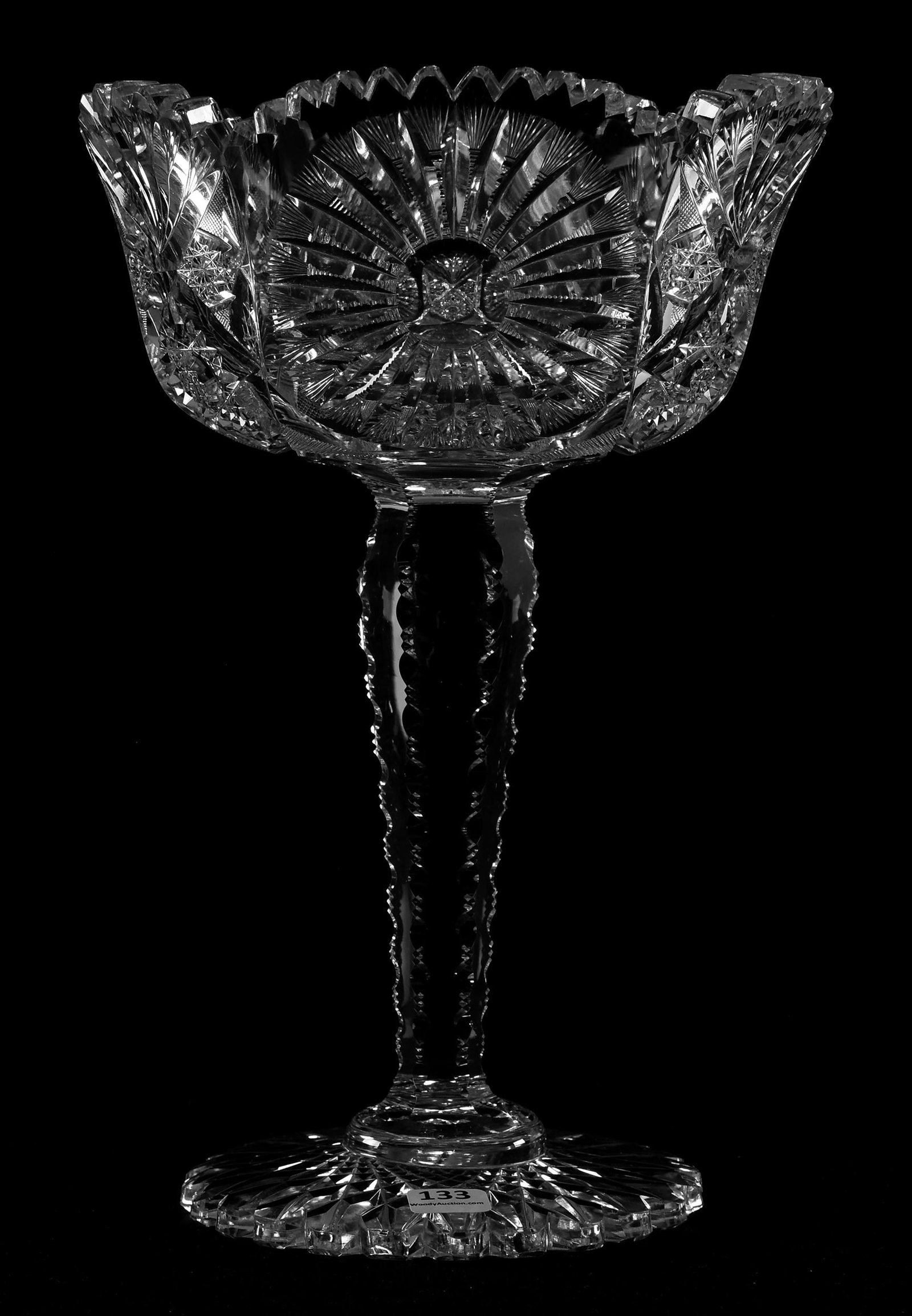 Compote, Sunburst Pattern: Compote, Sunburst Pattern, ABCG; 12.5" x 8.75" Three large sunburst, hobstar, strawberry diamond & fan highlights; solid notched stem, large scalloped hobstar foot; extra thick blank; Sam & Becky Stor