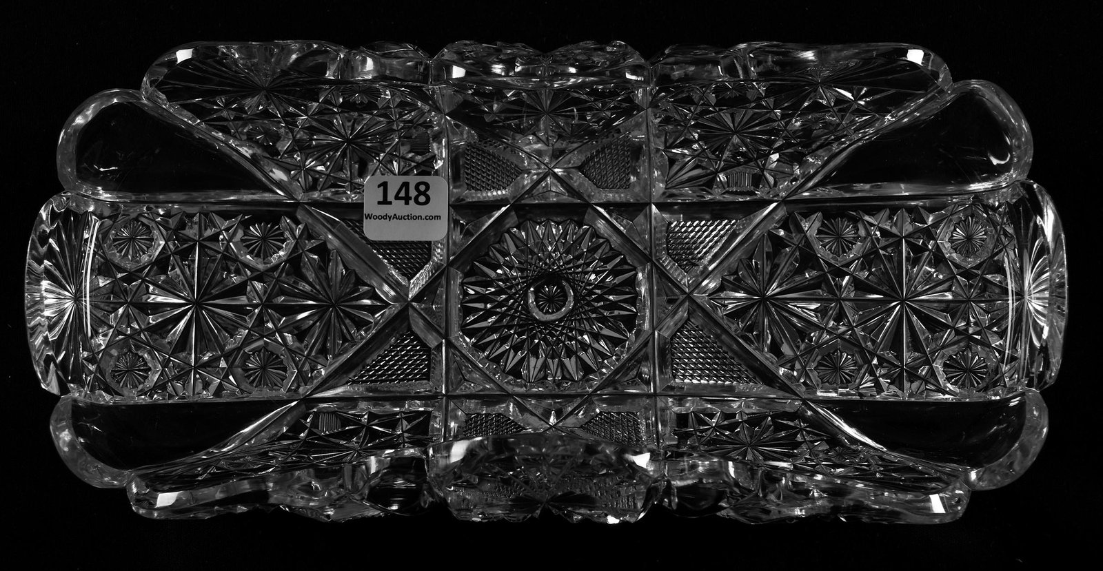 Celery Tray, Grecian Pattern by Hawkes: Celery Tray, Grecian Pattern by Hawkes, ABCG; 10.5" x 4.75" Folded sides, clear blank, well cut; Sam & Becky Story Estate, Missouri