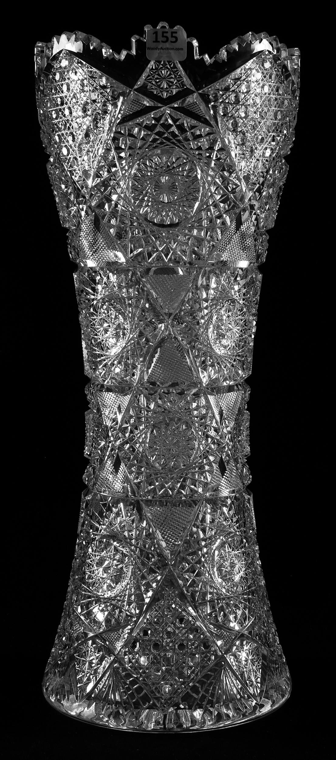 Corset Shaped Vase: Corset Shaped Vase, ABCG; 16" x 6.5" Hobstar, cane, strawberry diamond & fan motif; complete cutting, ray base, clear blank, well cut; Sam & Becky Story Estate, Missouri