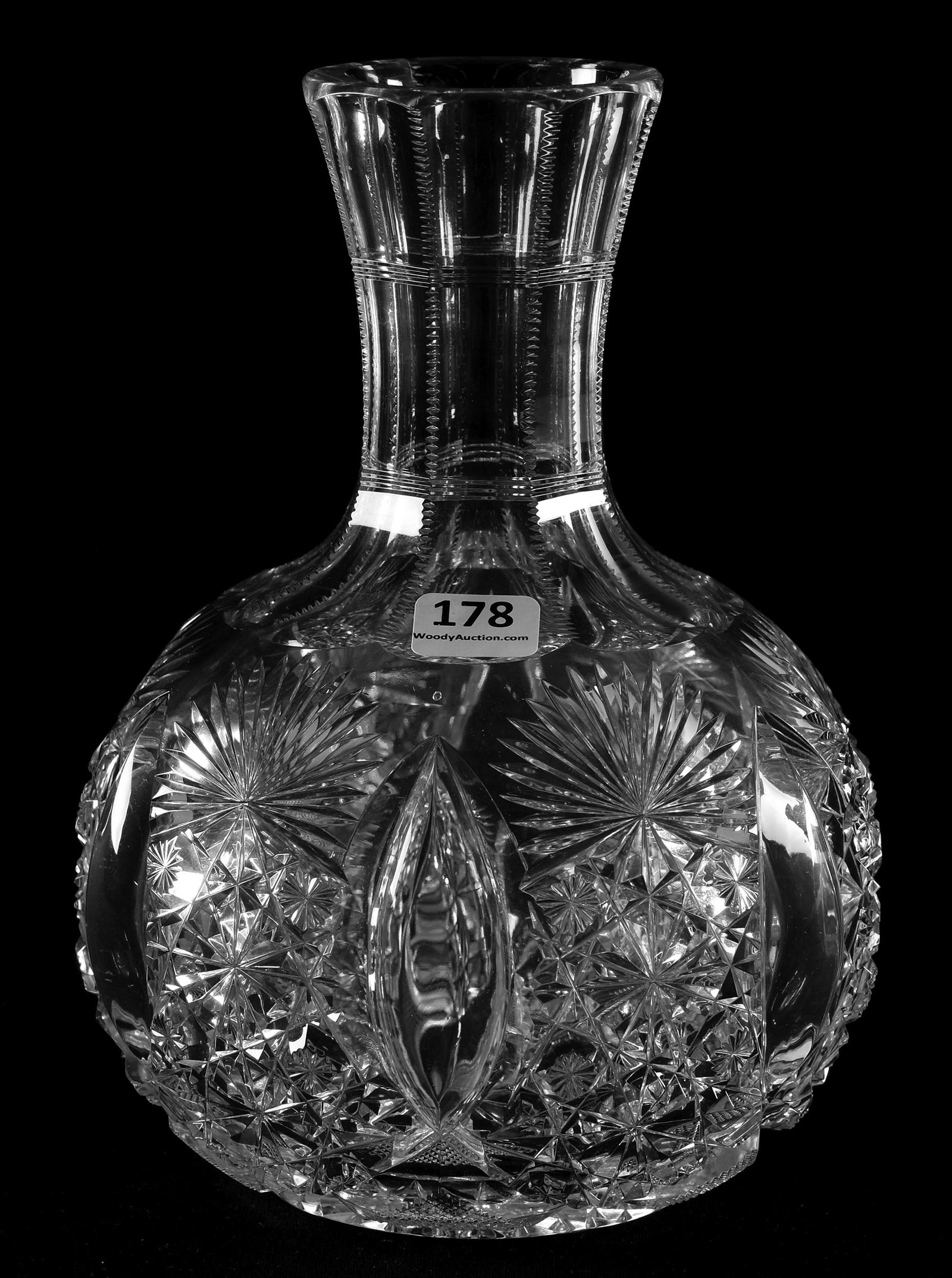 Water Carafe, Grecian Pattern by Hawkes: Water Carafe, Grecian Pattern by Hawkes, ABCG; 8.25" Great blank, super cutting, hobstar base; Sam & Becky Story Estate, Missouri
