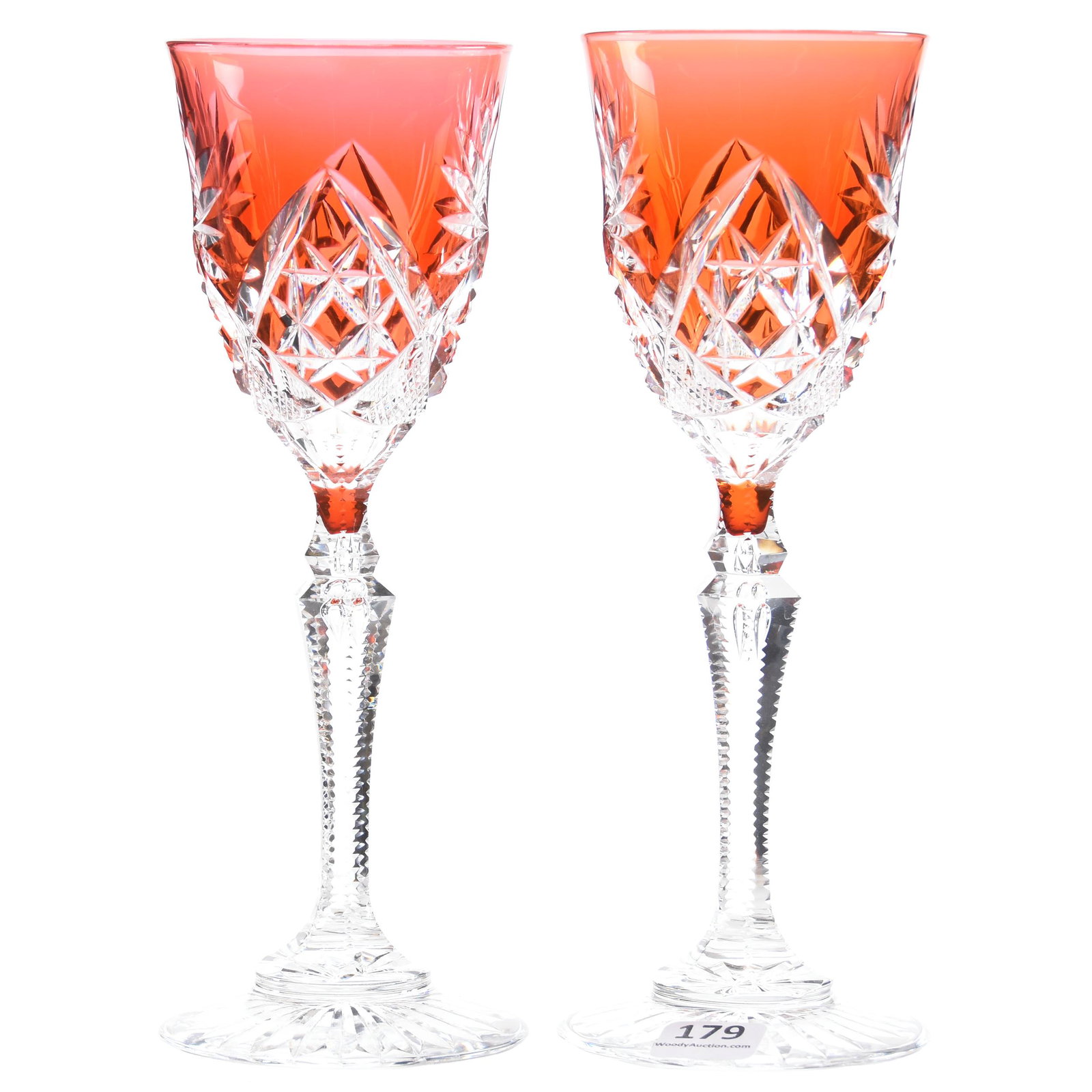 Pair Wine Glasses, Design 3269/17 by Val St. Lambert: Pair Wine Glasses, Design 3269/17 by Val St. Lambert, ABCG; 8.25" Cranberry/orange cut to clear, notched tear drop stem, ray base; Sam & Becky Story Estate, Missouri