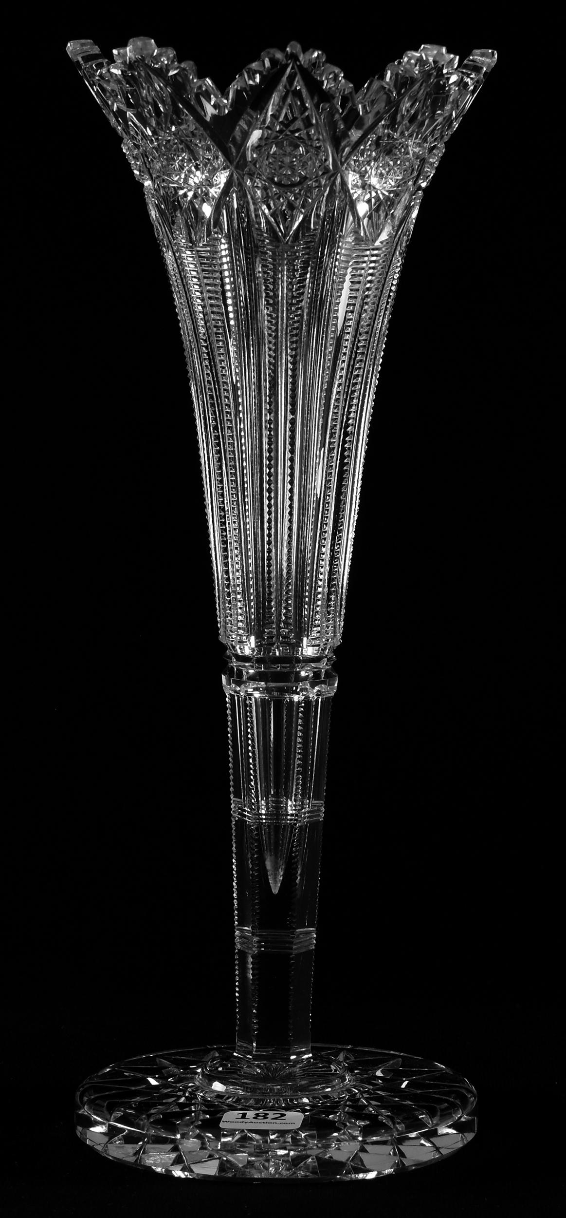 Vase, Brunswick Pattern by Hawkes: Vase, Brunswick Pattern by Hawkes, ABCG; 12" clear blank, well cut, hobstar foot; perfect teeth; Sam & Becky Story Estate, Missouri
