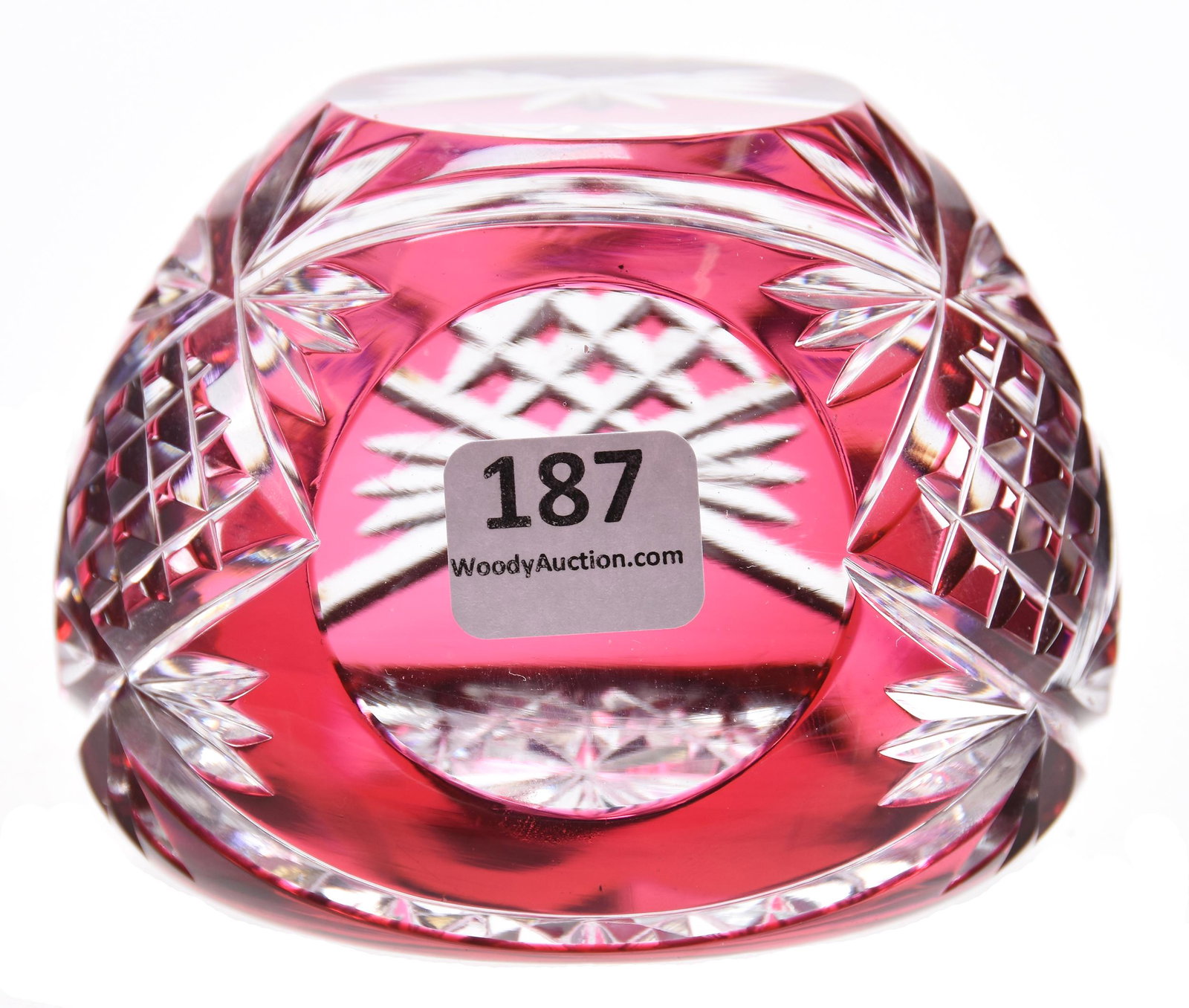 Paperweight, Cranberry Cut to Clear, Val St. Lambert: Paperweight, Cranberry Cut to Clear, Val St. Lambert, BPCG; 2.75" x 4" Three-sided, diamond, fan & bullseye motif; hobstar base; Sam & Becky Story Estate, Missouri